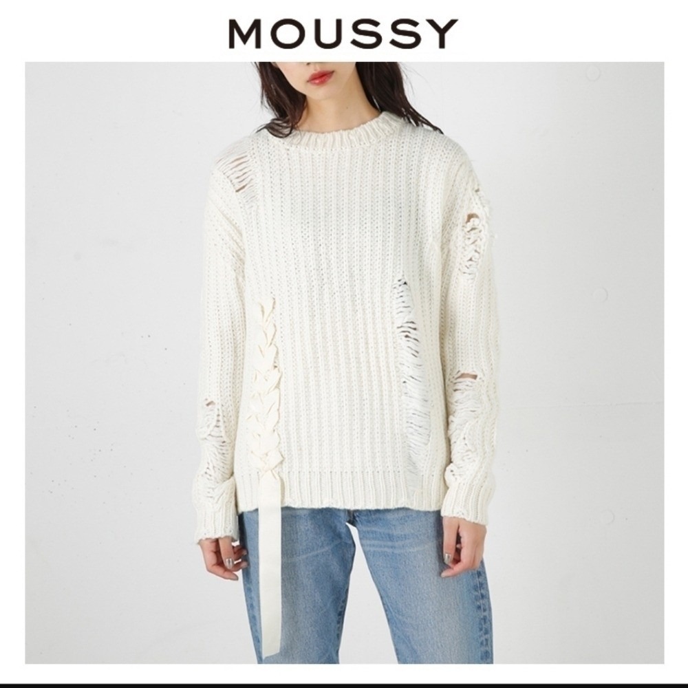 Moussy ribbon sweater‎ beige chunky knit ripped
